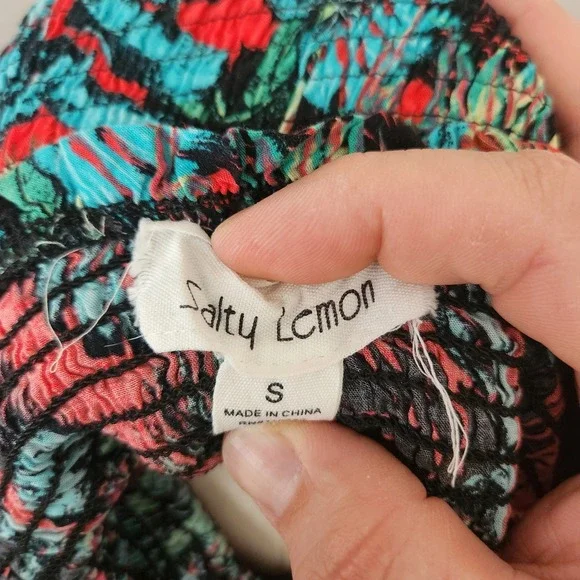 Salty Lemon Tropical Palm Leaf Smocked Bodice Top Coral Teal Women Small - Picture 3 of 7